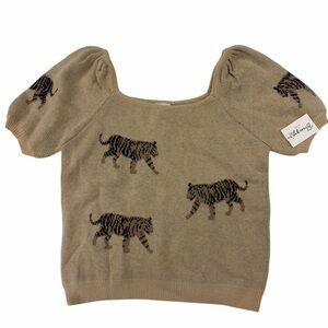 NWT BiBi Tiger Land Whimsical Animal Print Oatmeal Tan Sweater Size Medium